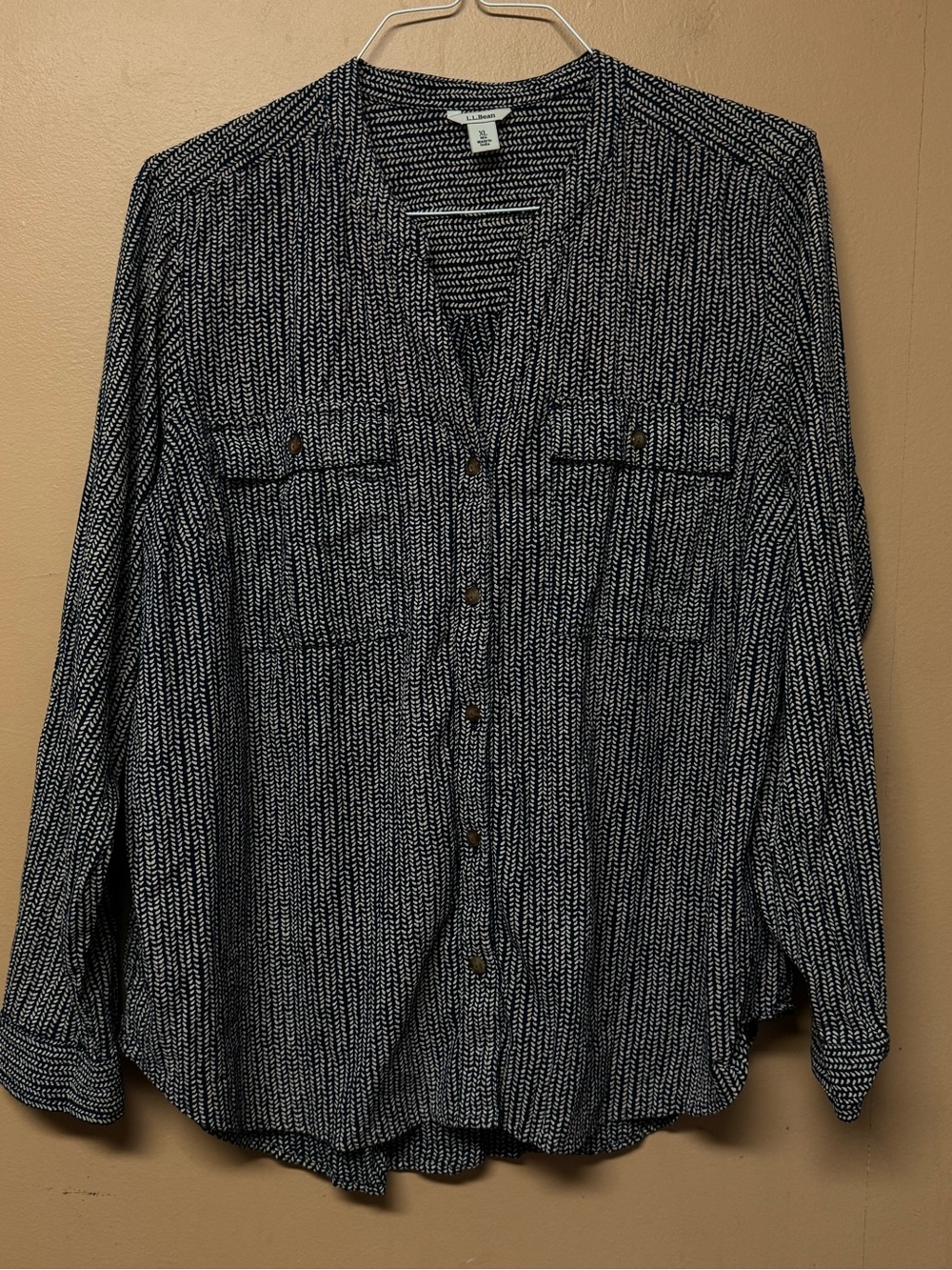 L.L. Bean Organic Cotton Navy Geometric Long Sleeve Blouse Top XL 510848